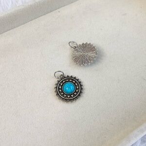 Vintage Turquoise Medallion Charm – Silver Tone Round Pendant